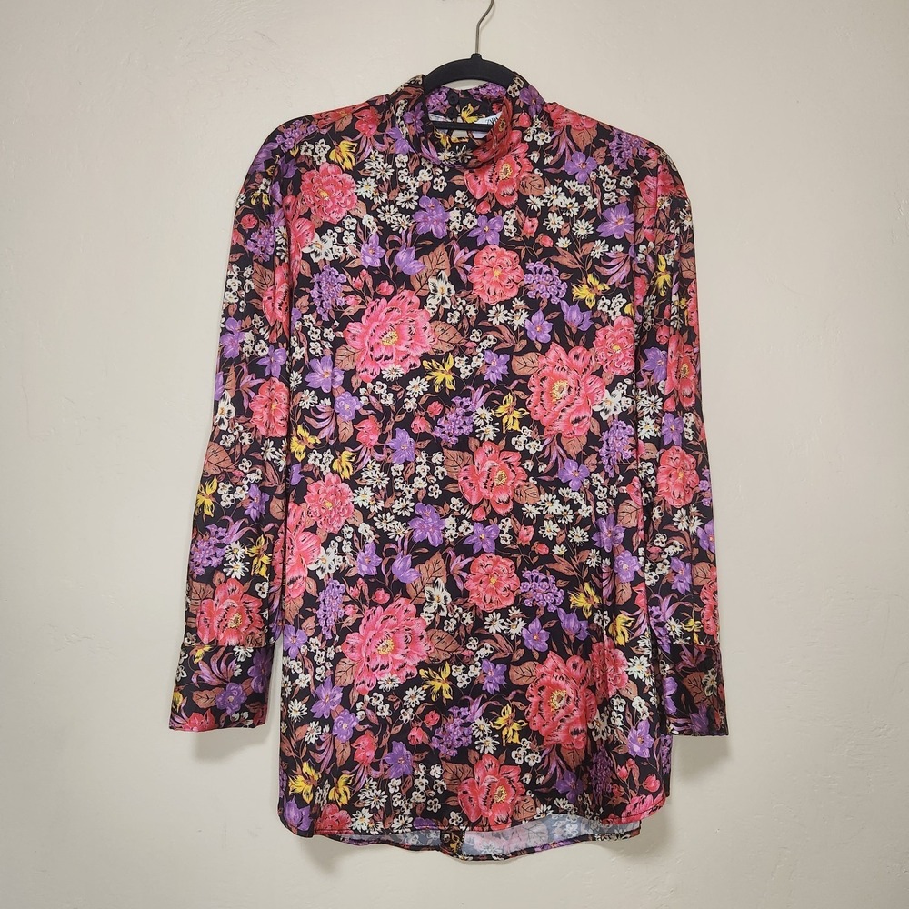 Zara Long Sleeve Floral Blouse Mock Neck Womens Size Small